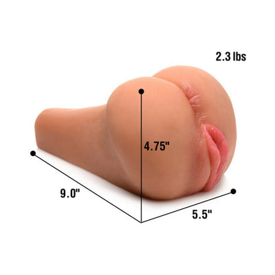 Tan-colored realistic masturbator with dimensions and weight labeled, designed for intimate use.