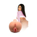 Tan realistic masturbator with lifelike texture shown alongside a woman in a pink mesh top and white thong.