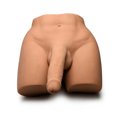 Realistic male torso masturbator with poseable dildo in flesh tone, designed for versatile positioning and stimulation.