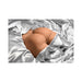 Realistic male masturbator with poseable dildo, displayed on silver satin sheets.