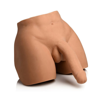 Realistic male torso masturbator with poseable dildo in natural skin tone on white background.