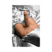 Curve Toys Jock male masturbator with poseable dildo on silver satin bedding, showcasing realistic design and texture.