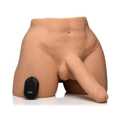Realistic male torso masturbator with poseable dildo and wireless remote control on white background.