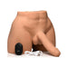 Realistic male torso masturbator with poseable dildo, remote control, and USB charging cable on white background.