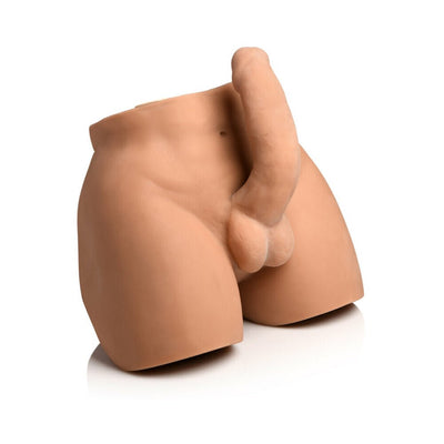 Realistic male torso masturbator with poseable dildo and textured anal opening in skin tone.