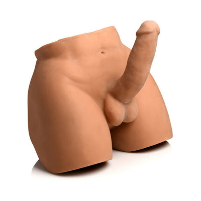 Realistic male torso masturbator with poseable dildo and testicles in skin tone, designed for vibrating and squeezing sensations.