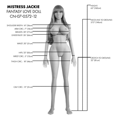 Life-size Mistress Jackie love doll with detailed body measurements and realistic features shown front view.