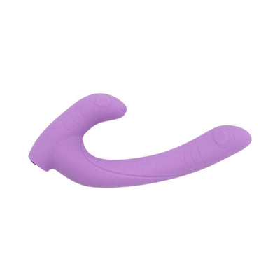 Purple silicone dual-ended curved intimate massager with textured grips and ergonomic design.