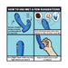 Illustrated guide showing a blue flexible toy with a tapered design, highlighting comfort, stimulation, and ease of use.