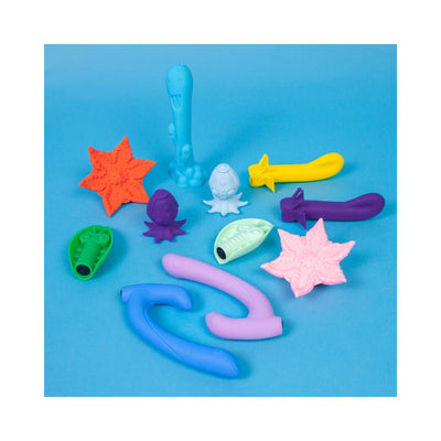 Colorful silicone adult toys in various playful shapes and sizes displayed on a blue background.