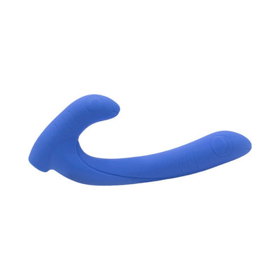 Blue silicone dual-ended curved intimate toy with ergonomic design and subtle textured details.