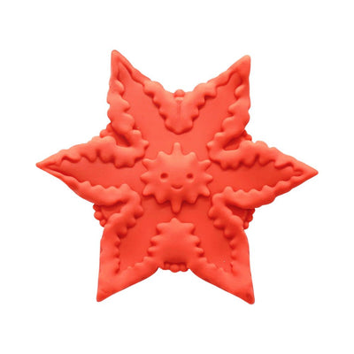 Rose-colored star-shaped silicone vibrator with textured ridges and a small smiling sun design in the center.