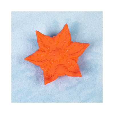 Orange star-shaped textured silicone vibrator with water droplets on a light blue fabric background.