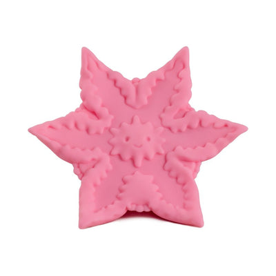 Pink star-shaped silicone companion with textured ridges and a smiling sun design in the center.