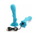 Teal silicone vibrator with playful character design, USB rechargeable, featuring a flared base for safe use.