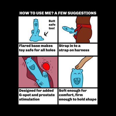 Illustrated guide showing teal toy with flared base for safe use, strap-on harness compatibility, designed for G-spot and prostate stimulation, soft yet firm texture.