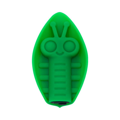 Green silicone vibrating toy shaped like a smiling insect nestled inside a leaf-shaped base.