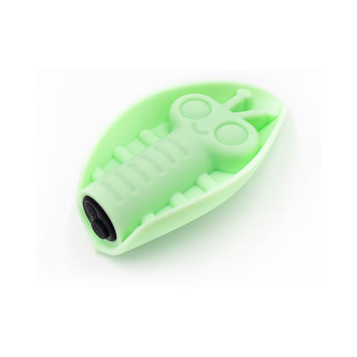 Light green silicone vibrating toy shaped like a cute insect resting in a leaf-shaped base.
