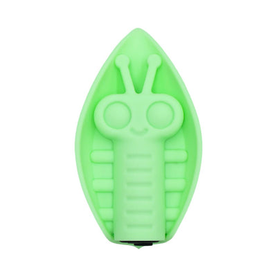 Green silicone vibrating toy shaped like a playful insect resting inside a leaf-shaped base.