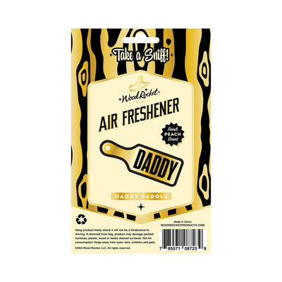 Daddy Paddle air freshener packaging with wood grain design and fresh peach scent label.