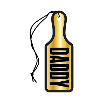 Gold paddle-shaped air freshener with black "DADDY" text and hanging string.