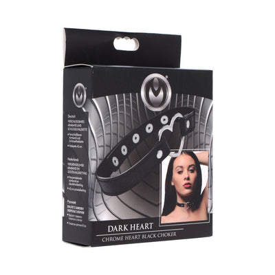 Packaging box of Dark Heart Chrome Black Choker featuring a black vegan leather strap with a chrome heart centerpiece and adjustable snap closures.
