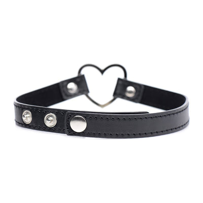 Black vegan leather choker with adjustable snap closures and a metal heart centerpiece.