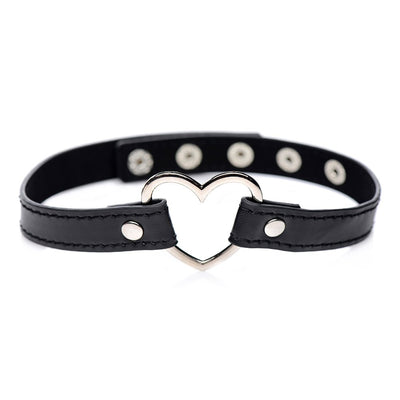 Black vegan leather choker with a silver metal heart centerpiece and adjustable snap closures.