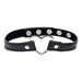 Black vegan leather choker with a silver metal heart centerpiece and adjustable snap closures.