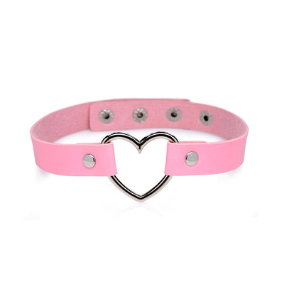 Pink vegan leather choker with a silver heart-shaped metal centerpiece and adjustable snap closures.