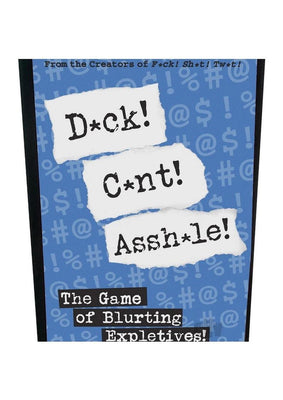 Blue game box cover for D*ck! C*nt! Assh*le! featuring bold text and symbols, labeled as the game of blurting expletives.