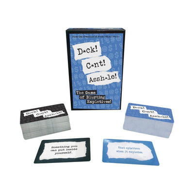 Card game D*ck C*nt Assh*le with blue box and stacks of prompt cards for a fast-paced party game.