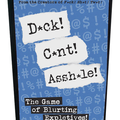 Blue game box for D*ck! C*nt! Assh*le! featuring bold text on torn paper design and subtitle The Game of Blurting Expletives.