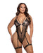Lace & Mesh Teddy w/Garter Straps & Gold Chain Details - Black/Gold 2X