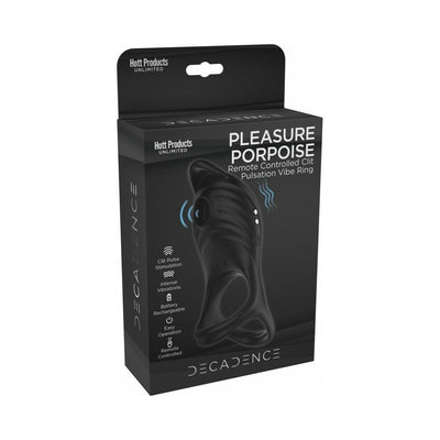 Black packaging of Decadence Pleasure Porpoise remote-controlled clit stimulation cock ring with vibration features.
