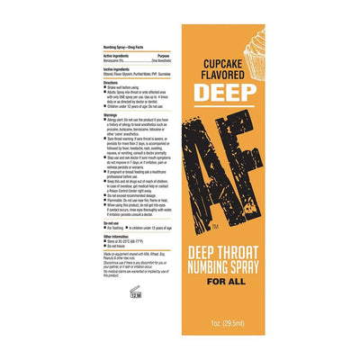 Deep AF Deep Throat Numbing Spray packaging with cupcake flavor, usage instructions, and warnings on an orange background.