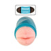 Compact blue dual-ended male masturbator with realistic mouth detail on one end and removable caps.