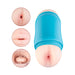Dual-ended handheld male masturbator with realistic mouth and anal openings in a blue case.