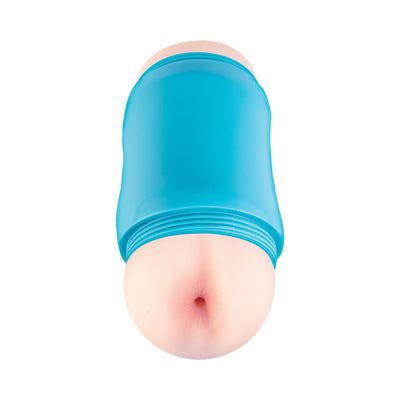 Compact dual-ended handheld male masturbator with realistic mouth and anal openings in a blue case.