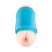 Compact dual-ended handheld male masturbator with realistic mouth and anal openings in a blue case.