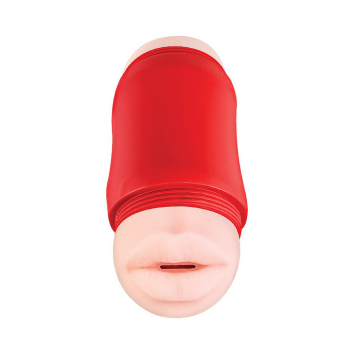 Handheld dual-ended masturbator with realistic mouth detail and red outer casing for discreet use.