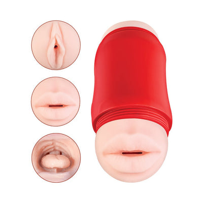 Dual-ended handheld male masturbator with realistic mouth and vaginal openings in a red case, shown with close-up details.