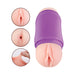 Dual-ended handheld masturbator with realistic vagina and anus textures in a purple case, shown with close-up details and stretch demonstration.
