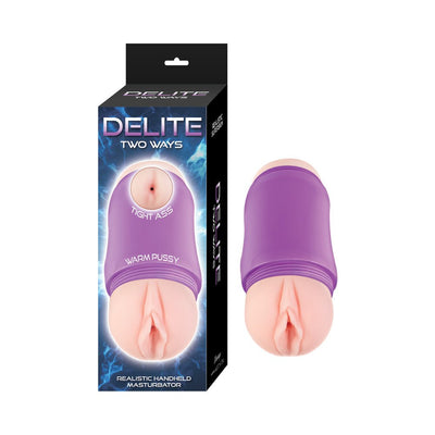 Delite Two Ways handheld masturbator with dual-ended design in purple and flesh tones, shown with packaging.