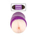 Compact purple dual-ended handheld male masturbator with realistic textured openings and removable caps for discreet storage.