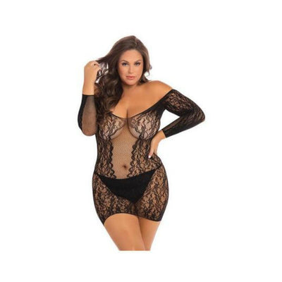 Plus size model wearing a black off-the-shoulder long sleeve lace mini dress with floral patterns and sheer mesh panels.