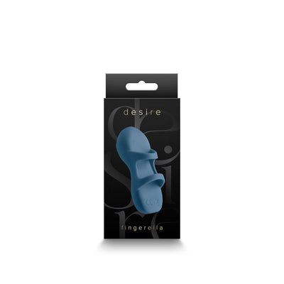 Desire Fingerella finger massager in blue silicone displayed on black packaging box with gold text.