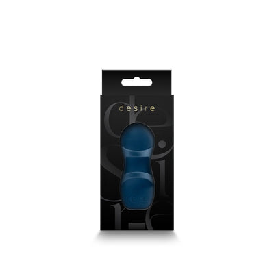 Desire Fingerella finger massager in dark blue silicone displayed in black retail packaging.