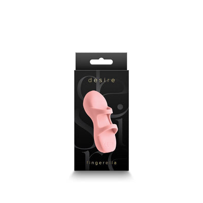 Desire Fingerella pink silicone finger massager displayed on black packaging box with gold lettering.