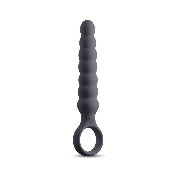 Black silicone wand with a textured, flexible shaft and a circular finger ring handle for easy control.